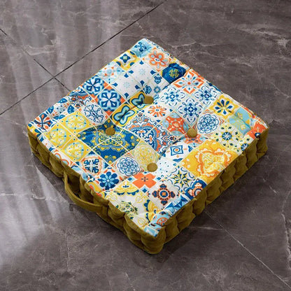 Colorful quilted patchwork bohemian mandala velvet floor cushion with vibrant blue yellow and orange patterns decorbites floor cushion