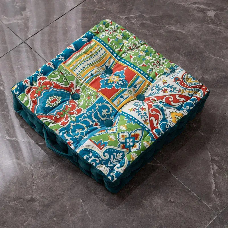 Vibrant patchwork bohemian mandala velvet floor cushion with teal green red and blue floral patterns for reading nook decorbites decor