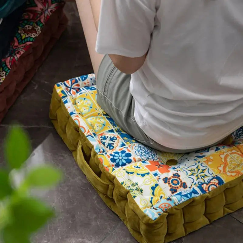 Colorful patchwork bohemian mandala velvet floor cushion with olive green piping and central hole for sitting cross-legged decorbites bohemian mandala