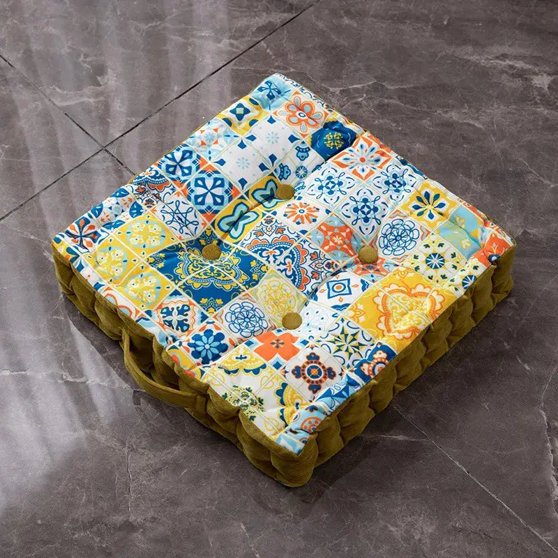 Colorful patchwork bohemian mandala velvet floor cushion with vibrant blue yellow and orange geometric patterns and buttons decorbites