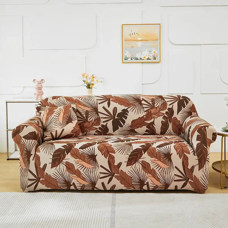 Brown and beige tropical leaf patterned patchwork mandala printed stretch sofa cover for living room slipcover