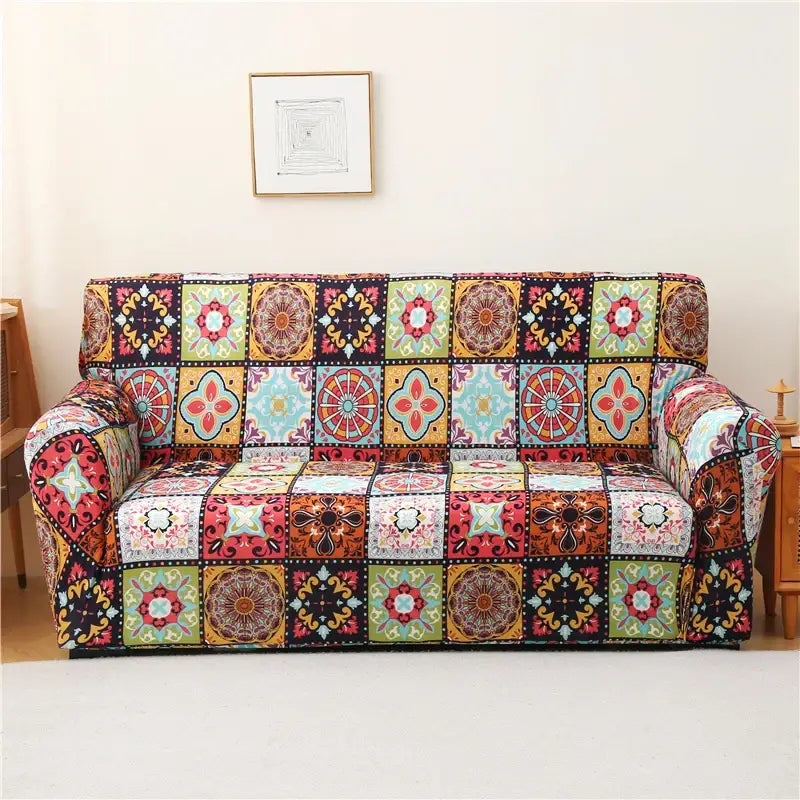 Colorful patchwork mandala printed stretch sofa cover with geometric and floral patterns in vibrant hues for living room use