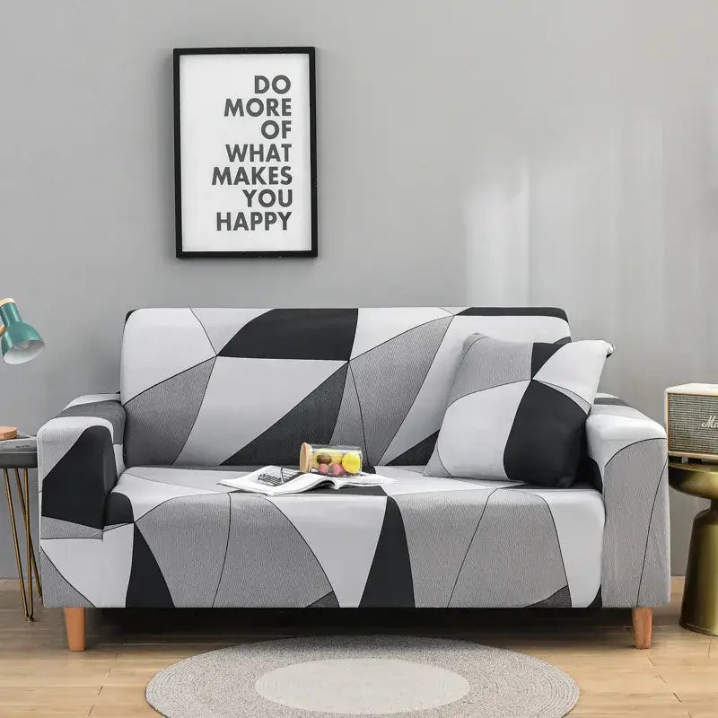 Black white and gray geometric patterned stretch sofa cover made of patchwork mandala print for living room slipcover