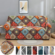 Vibrant patchwork mandala printed stretch sofa cover in reds, oranges, blues, and greens for living room use
