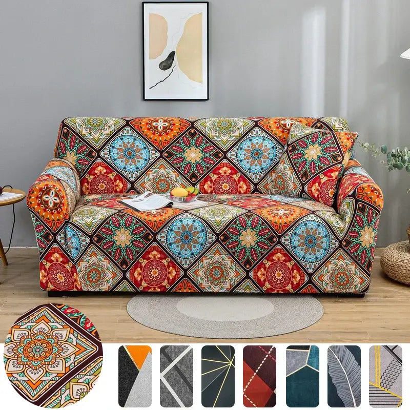 Vibrant patchwork mandala printed stretch sofa cover in reds, oranges, blues, and greens for living room use