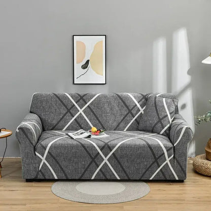 Gray stretch sofa cover with patchwork mandala print and white black geometric lines for living room use