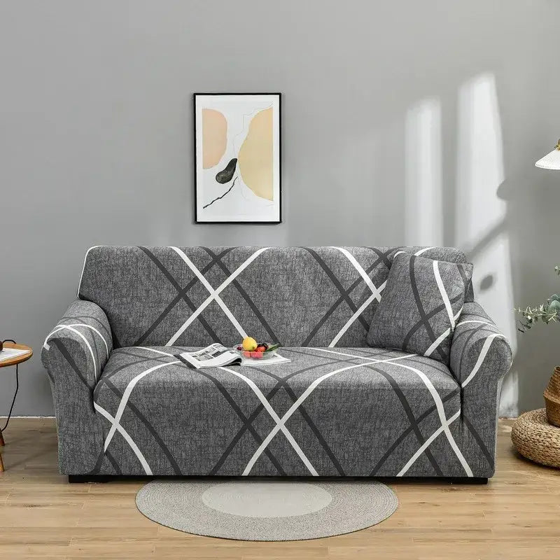 Gray stretch sofa cover with patchwork mandala print and white black geometric lines for living room use