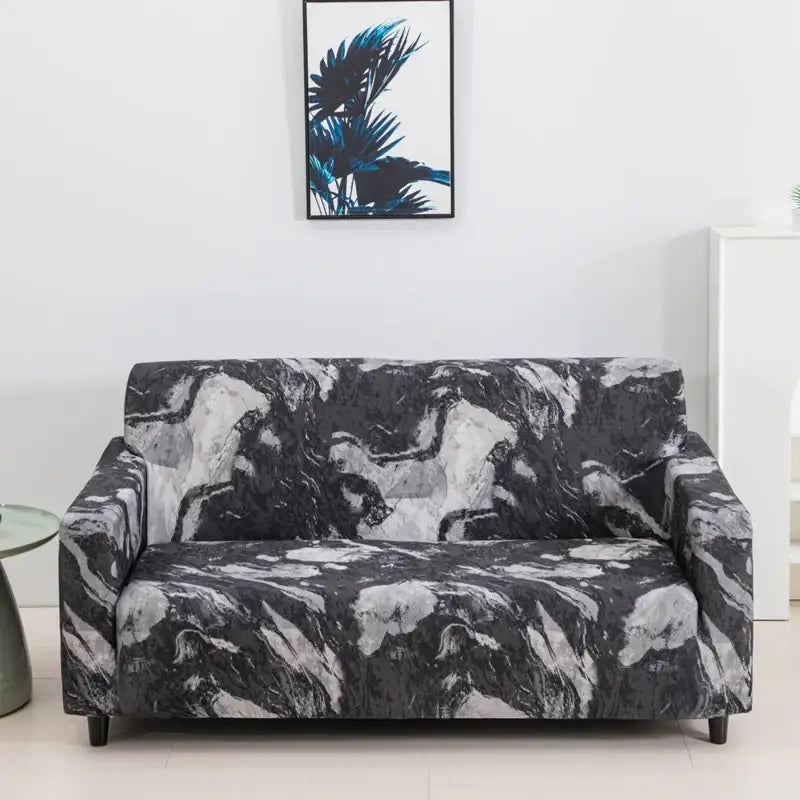 Black and white marble-patterned stretch sofa cover with patchwork mandala print for living room slipcover use