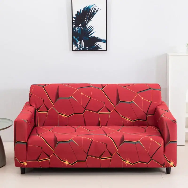 Red couch cover with cracked glowing patchwork mandala print stretch fabric for living room sofa slipcover