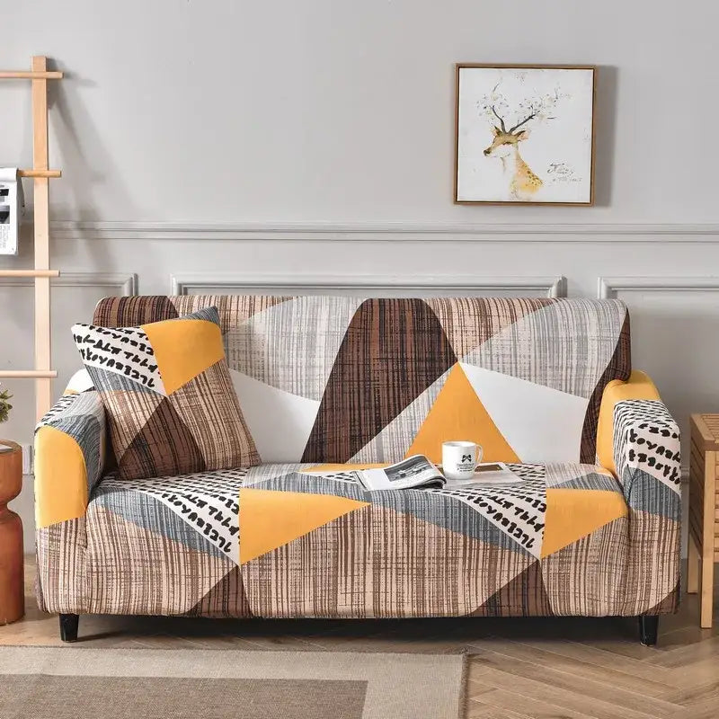 Patchwork mandala printed stretch sofa cover with geometric mustard yellow beige and gray design for living room
