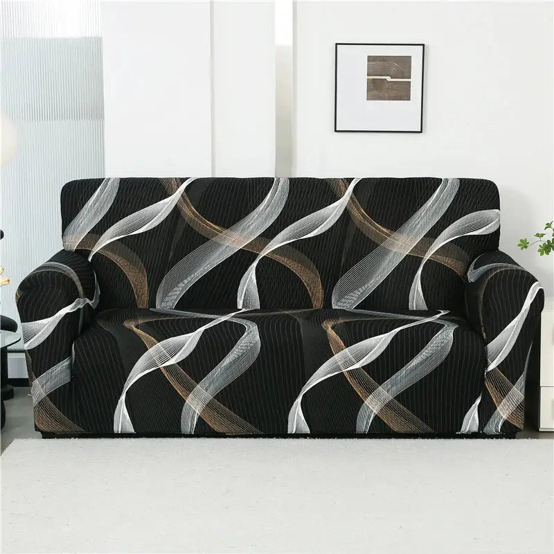 Black patchwork mandala printed stretch sofa cover with modern abstract white and beige ribbon pattern for living room
