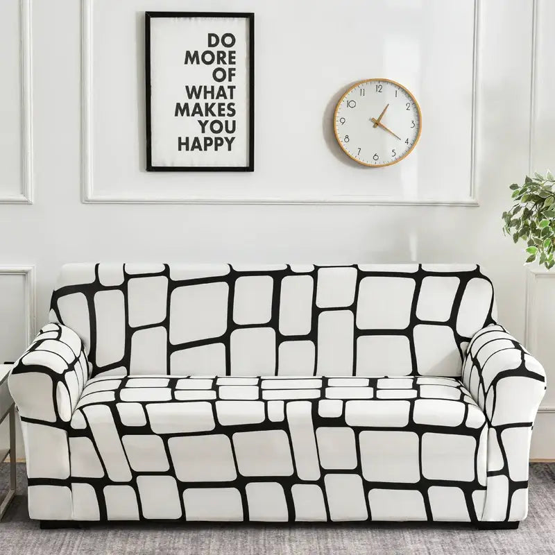 Black and white geometric patterned stretch sofa cover with patchwork mandala print for living room slipcover use