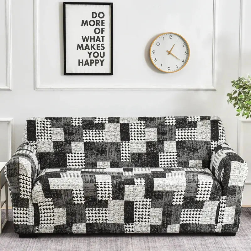 Black and white houndstooth patchwork mandala printed stretch sofa cover for living room slipcover