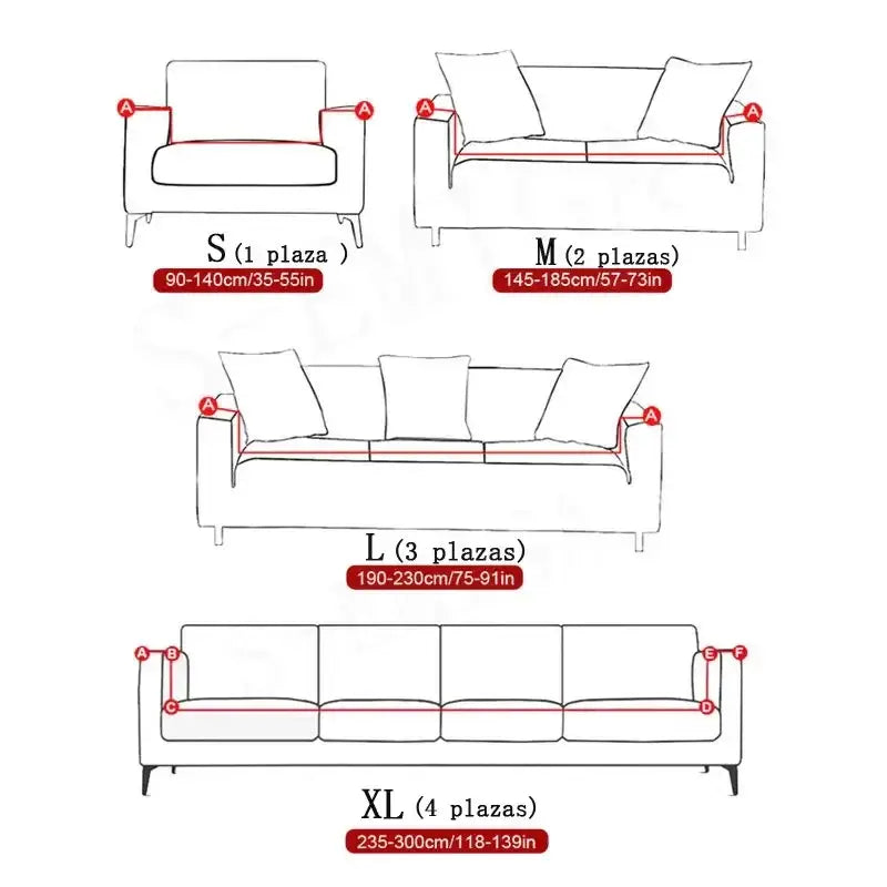 Patchwork mandala printed stretch sofa cover size chart showing dimensions in centimeters and inches for s to xl models
