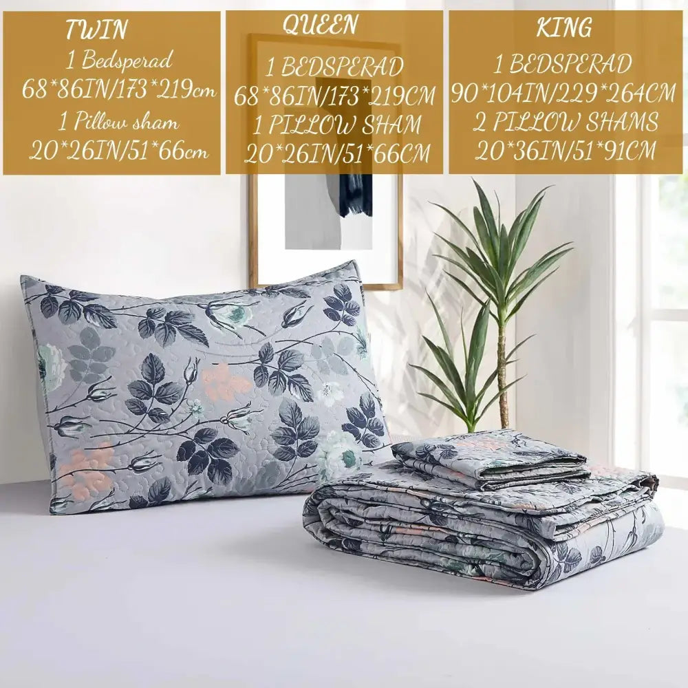 Gray quilted coverlet bedding set with a delicate black white and soft peach floral pattern for bedroom use