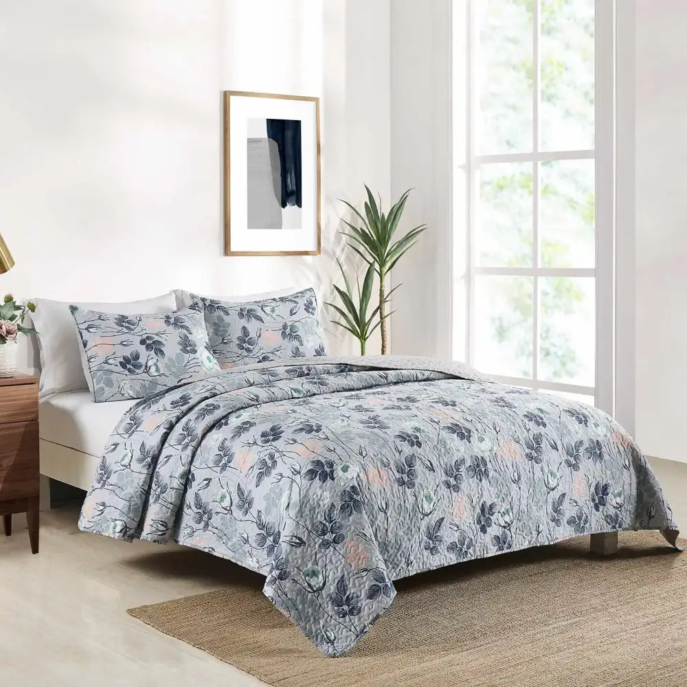 Gray and blue floral coverlet bedding set with subtle pink accents and soft textured fabric for bedroom use