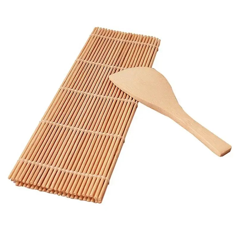Natural bamboo sushi maker set with patterned mat, matching wooden rice paddle, knife, and spoon kitchen kit