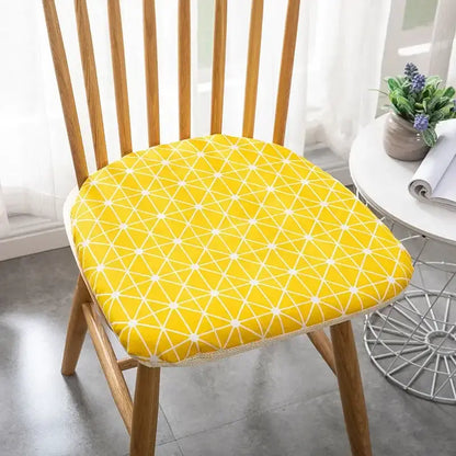 Bright yellow patterned cotton hemp chair cushion with white lines and lace trim for dining chair decorbites cotton hemp
