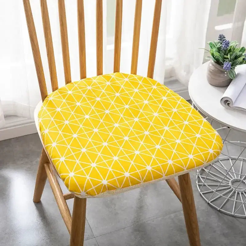 Bright yellow patterned cotton hemp chair cushion with white lines and lace trim for dining chair decorbites cotton hemp