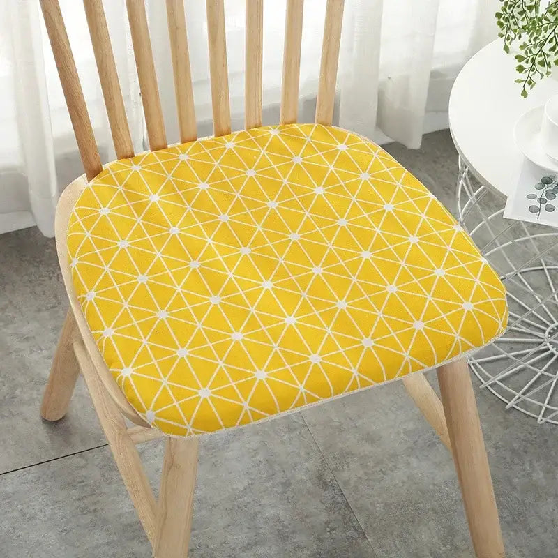 Bright yellow patterned cotton hemp chair cushion with white geometric triangles for dining chair decorbites cotton hemp