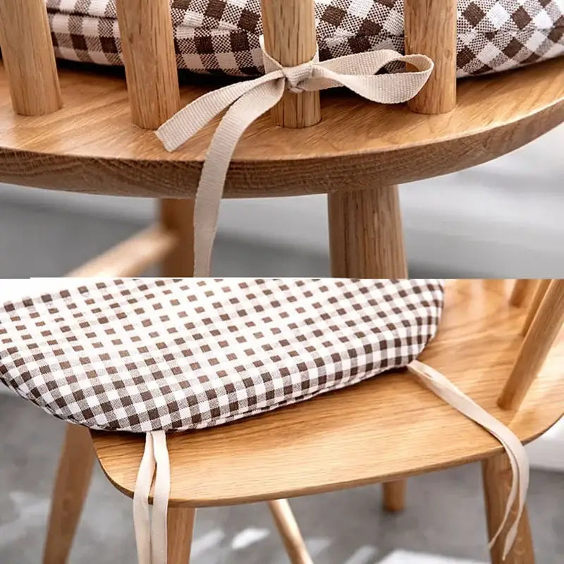 Brown and white checkered decorbites cotton hemp chair cushion with fabric ties for dining chair seating