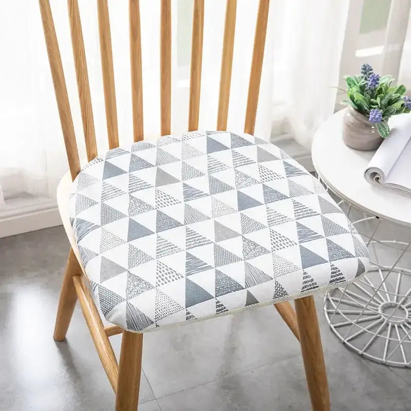 Patterned cotton hemp chair cushion with gray and white geometric triangle design for dining chair seating decorbites cotton hemp