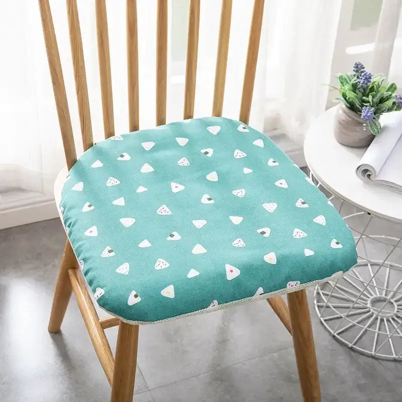 Teal patterned cotton hemp chair cushion with white triangular rice ball design for dining chair seating decorbites cotton hemp