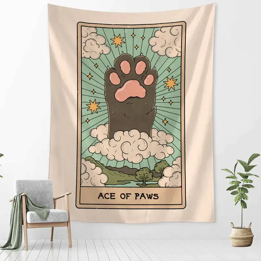 Beige wall tapestry featuring cartoon cat claw tarot card design with brown paw print on teal for bedroom decor