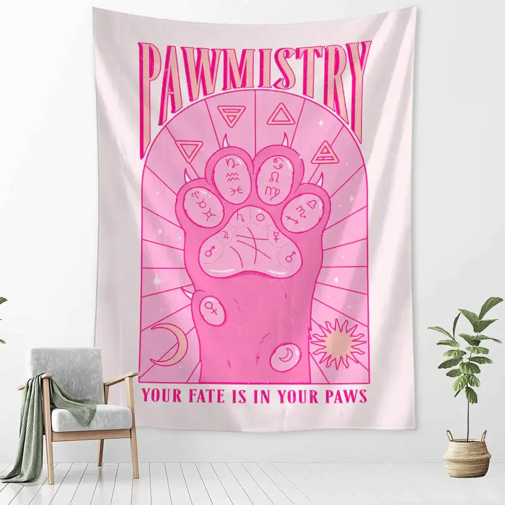 Pink pawmistry wall tapestry with cartoon cat claw design and astrological symbols for bedroom decor purple cream