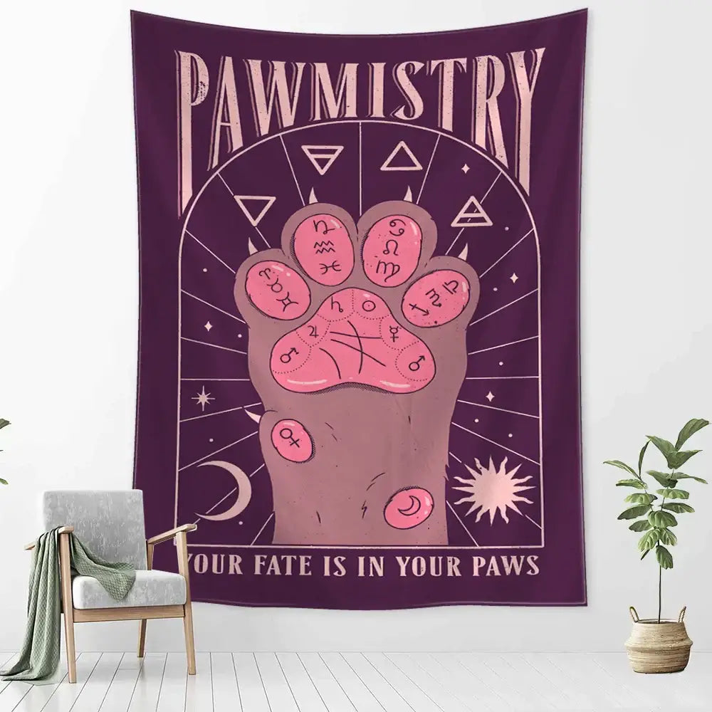 Purple and cream cartoon cat claw wall tapestry featuring a stylized paw print with astrological symbols and pawmistry text