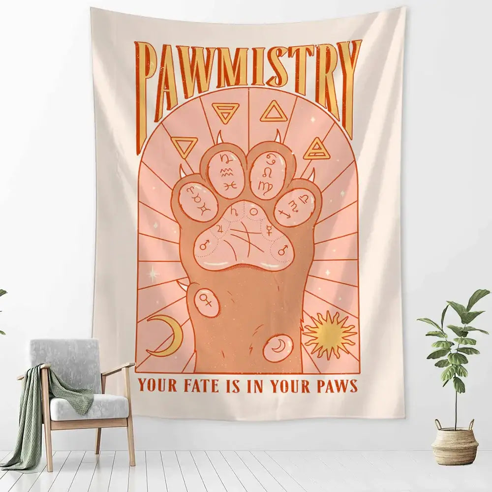 A cream and purple fabric wall tapestry featuring a cartoon cat claw paw print and pawmistry text for bedroom decor