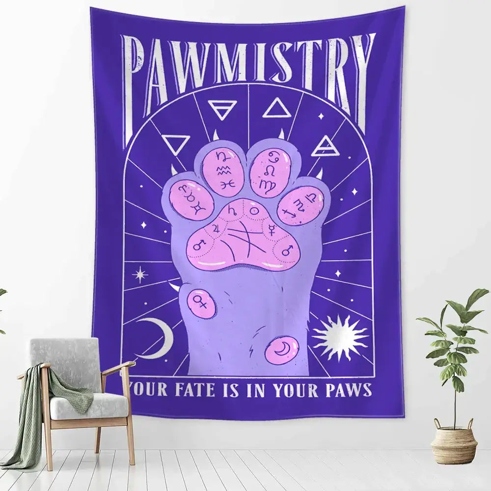 Purple pawmistry wall tapestry featuring cartoon cat claw design with astrological symbols for bedroom decor