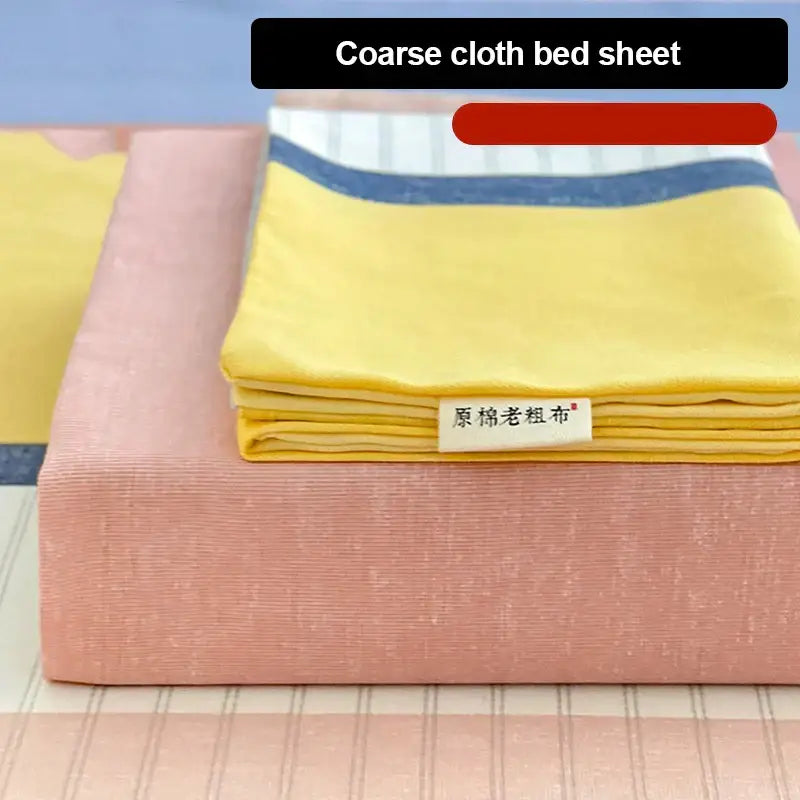Yellow coarse cloth bed sheet with blue stripe in peach and cream geometric bed sheet set with textured bedspread