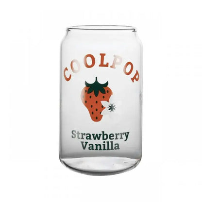 Clear glass cup shaped like a soda can with fruit prints of strawberry vanilla for dining room use
