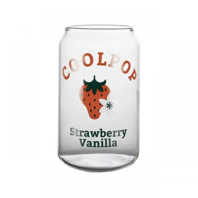 Clear glass cup shaped like a soda can with fruit prints of strawberry vanilla for dining room use