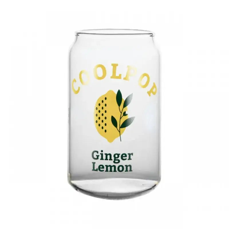 Clear glass cup shaped like a soda can with gold and green fruit prints featuring coolpop ginger lemon design