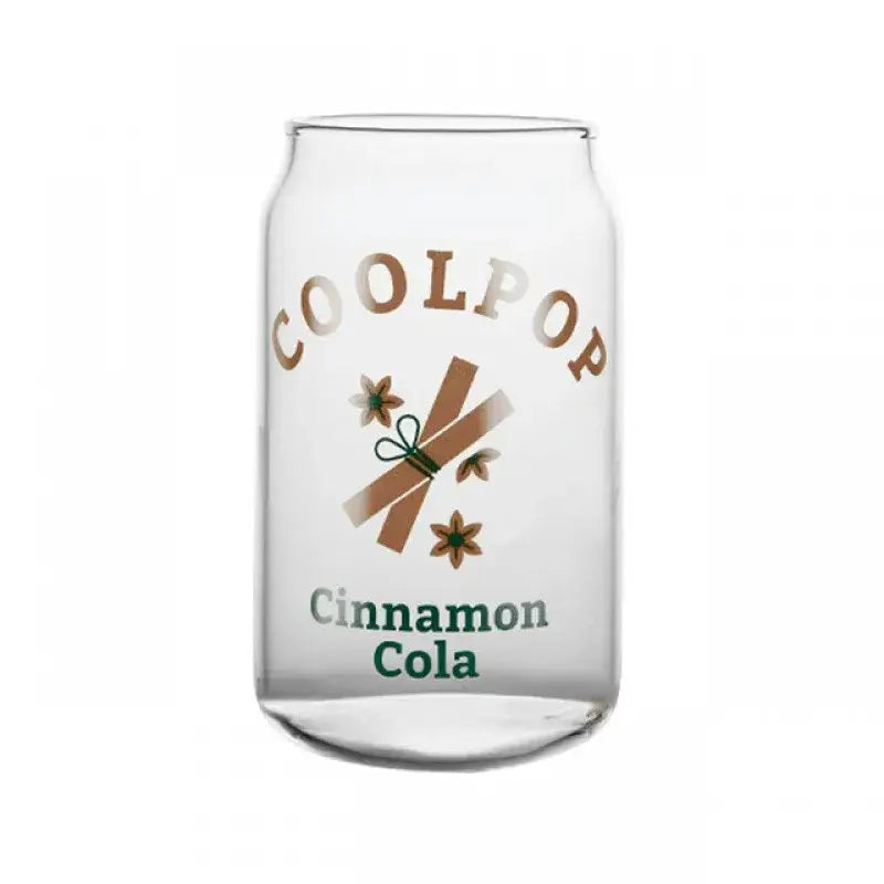 Clear glass cup shaped like a soda can with gold coolpop lettering and cinnamon cola fruit prints for dining room use