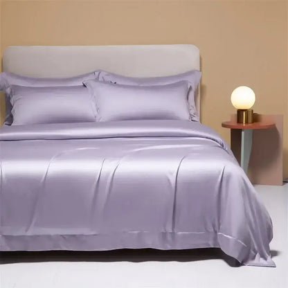 Lavender satin bedding set with matching pillows complementing peach satin cooling cotton solid bedding set for bedroom