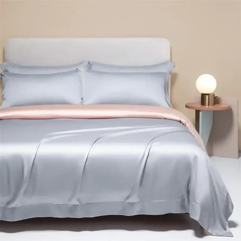 Light gray satin duvet cover with soft pink satin lining in peach satin cooling cotton solid bedding set for bedroom