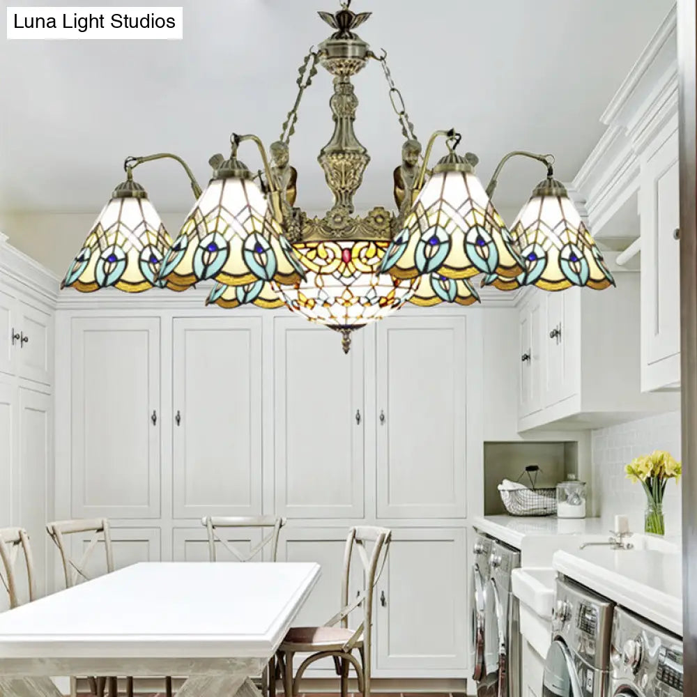 Peacock Pendant Light - Tiffany Style with 9 White Stained Glass Lights