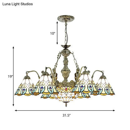 Peacock Pendant Light - Tiffany Style with 9 White Stained Glass Lights