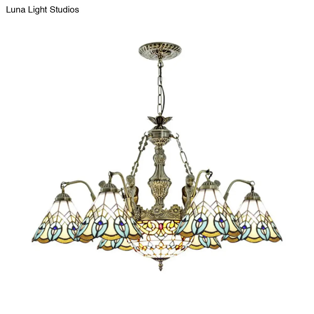 Peacock Pendant Light - Tiffany Style with 9 White Stained Glass Lights
