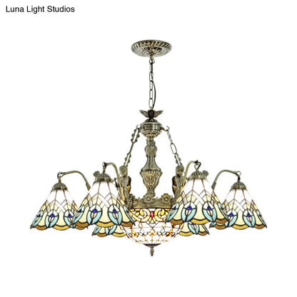 Peacock Pendant Light - Tiffany Style with 9 White Stained Glass Lights