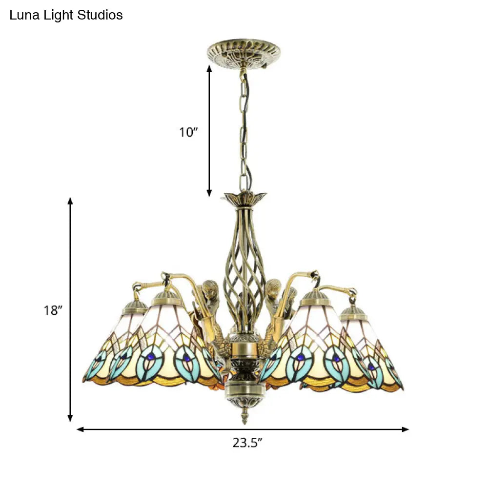 Peacock Stained Glass Pendant Chandelier - 5-Light Hanging Fixture in White