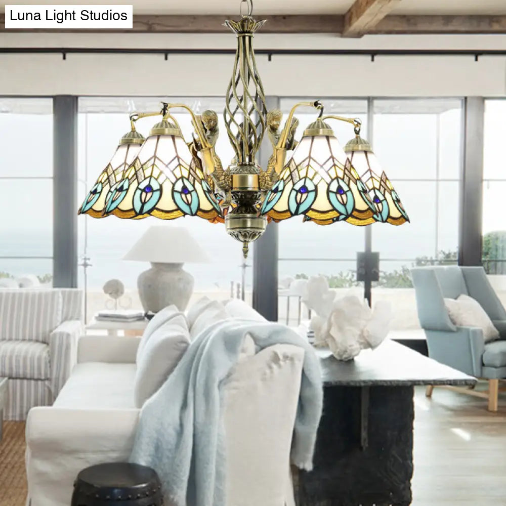 Peacock Stained Glass Pendant Chandelier - 5-Light Hanging Fixture in White