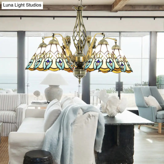 Peacock Stained Glass Pendant Chandelier - 5-Light Hanging Fixture in White