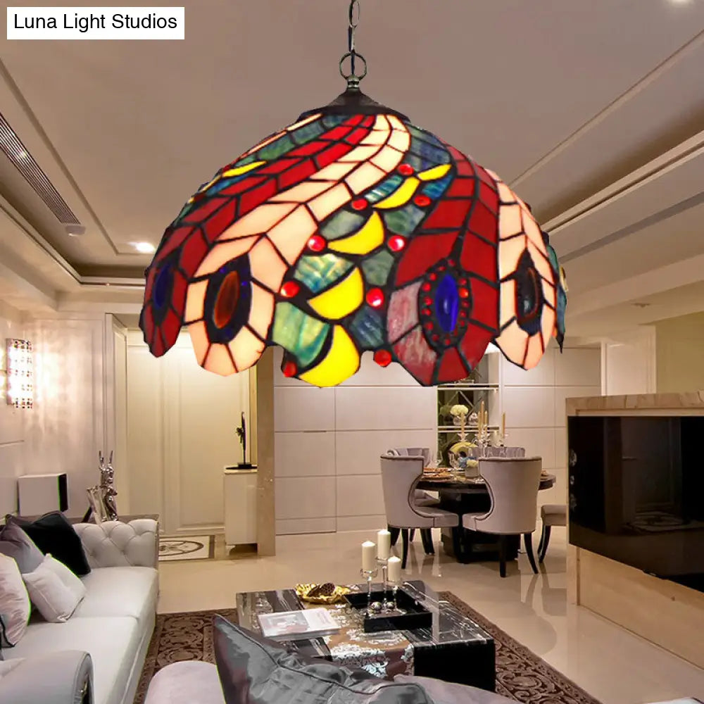 Peacock Tiffany-Style Red Stained Glass Ceiling Lamp