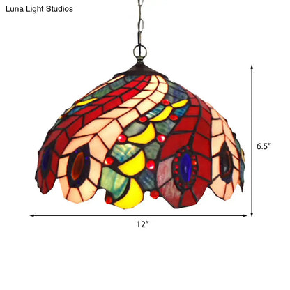 Peacock Tiffany-Style Red Stained Glass Ceiling Lamp