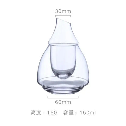Clear glass pear shaped wine decanter and ice jug set with integrated measuring cup for dining room decor