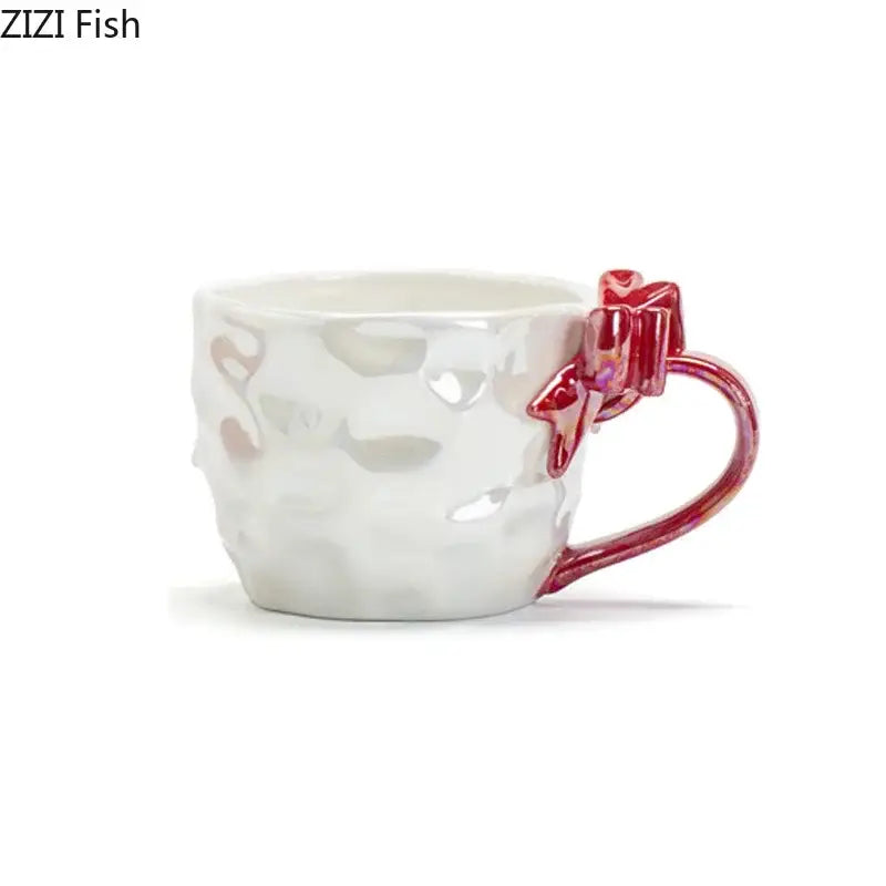 White ceramic mug with textured hammered finish and vibrant red bowknot handle porcelain from decorbites bowknot handle set